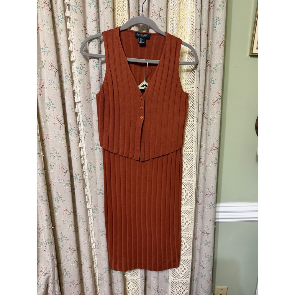Rachel Zoe Ribbed Knit Vest Midi Skirt Set Small Rust Orange Two Piece